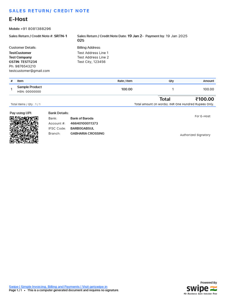 Sales Return/Credit Note Template | PDF