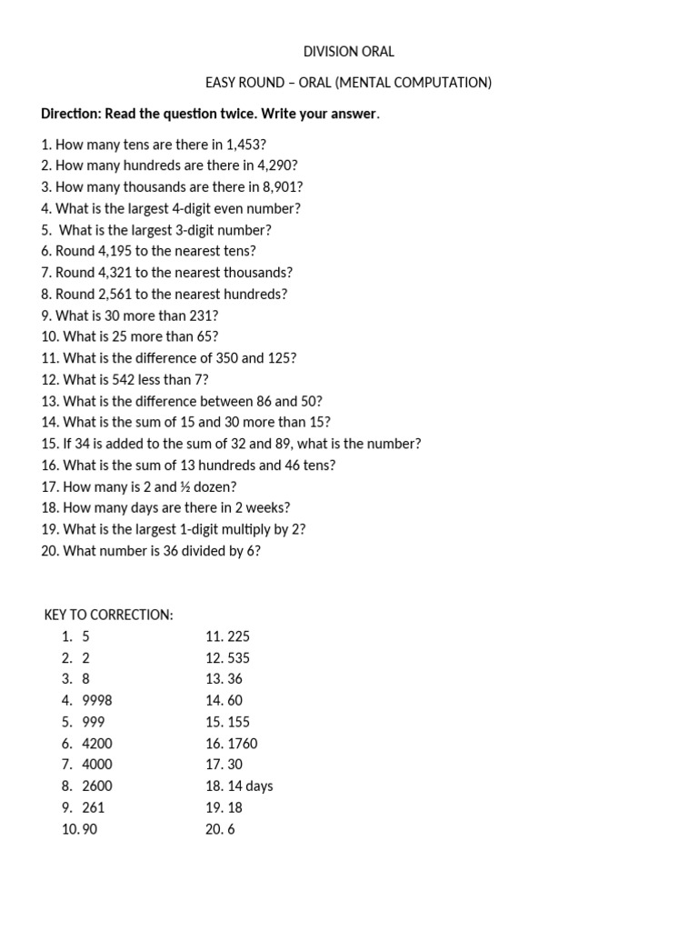 Oral Math Computation Exercises | PDF