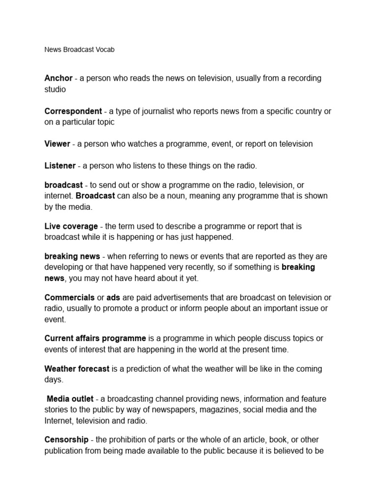 News Broadcast Vocabulary Guide | PDF | News | Censorship