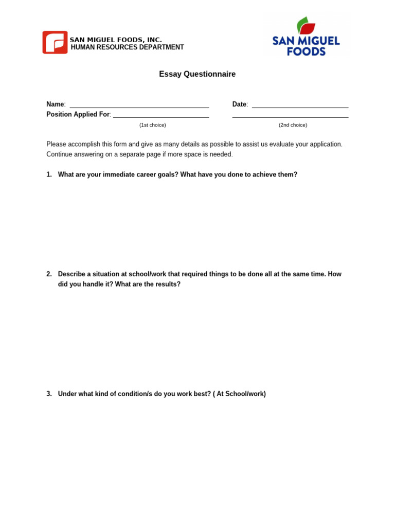 Essay Questionnaire | PDF
