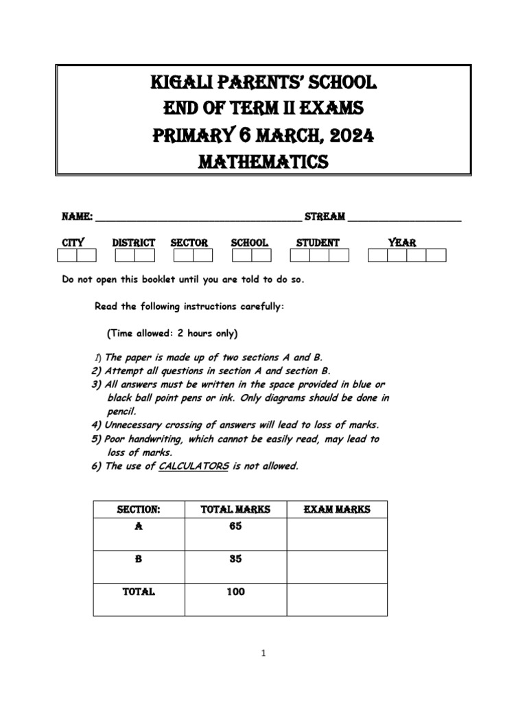 P6 Mathematics Exam Term II 2024 | PDF | Mathematics