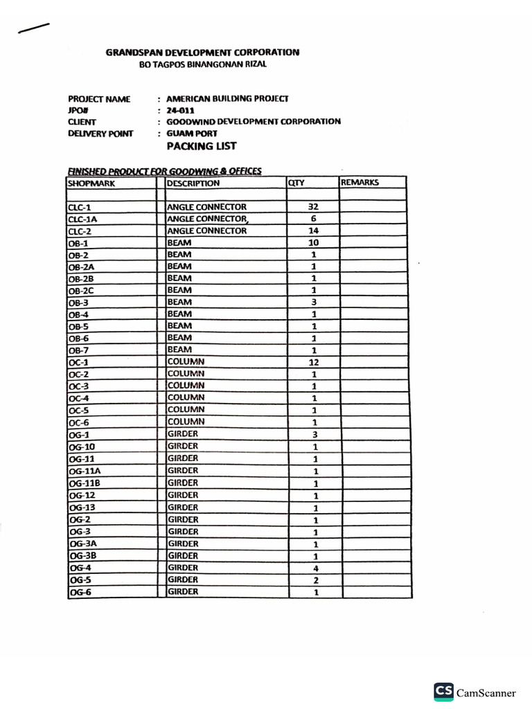 Packing List (Structural Members_Phase 1) | PDF