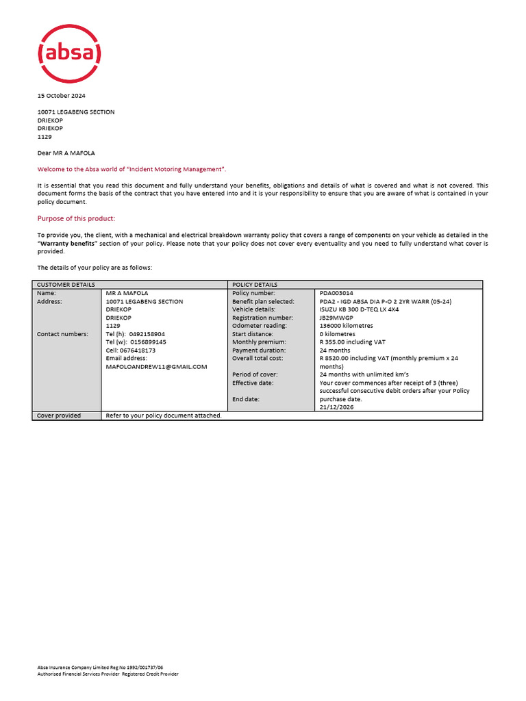 Absa Vehicle Warranty Policy Overview | PDF | Insurance | Clutch