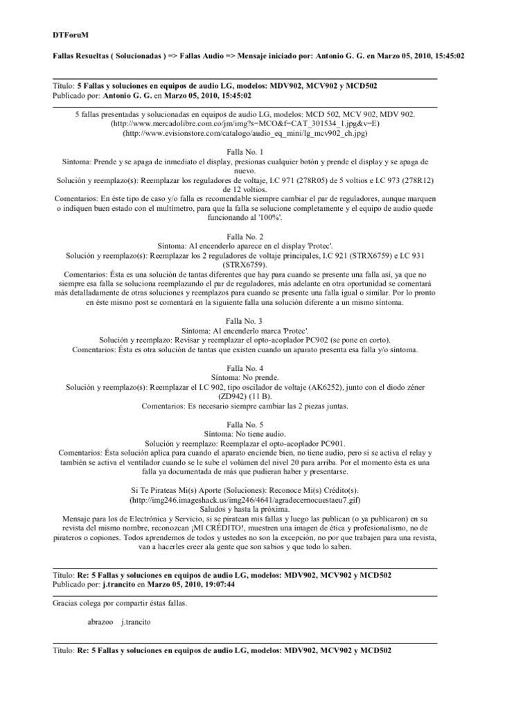 5 Fallas Y Soluciones En Equipos De Audio Lg Modelos Mdv902 Mcv902 Y Mcd502 Bienes Manufacturados Ingenieria Electronica
