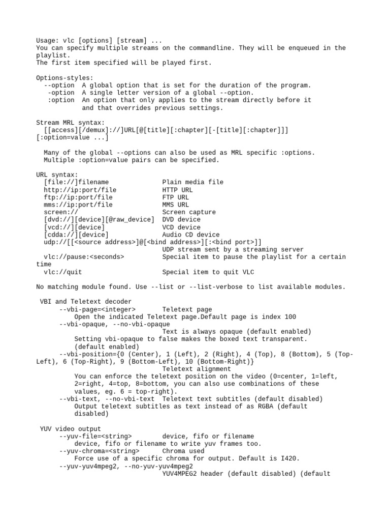 VLC Command Line Options Guide | PDF | Port (Computer Networking) | Codec