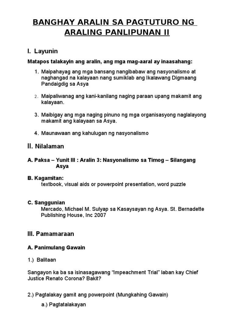 Banghay Aralin Sa Pagtuturo NG Araling Panlipunan II