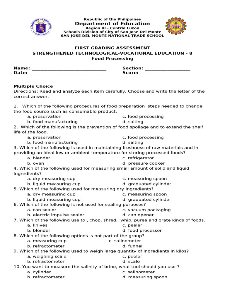 Food Processing Assessment for Grade 8 | PDF | Food Processing | Food ...