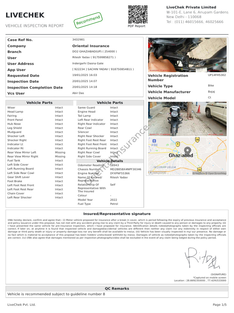 Vehicle Inspection Report for Bajaj Bike | PDF | Insurance | Vehicles