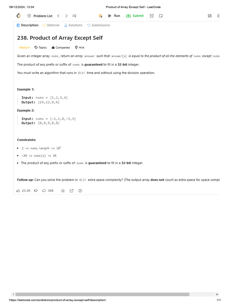 Product of Array Except Self Solution | PDF