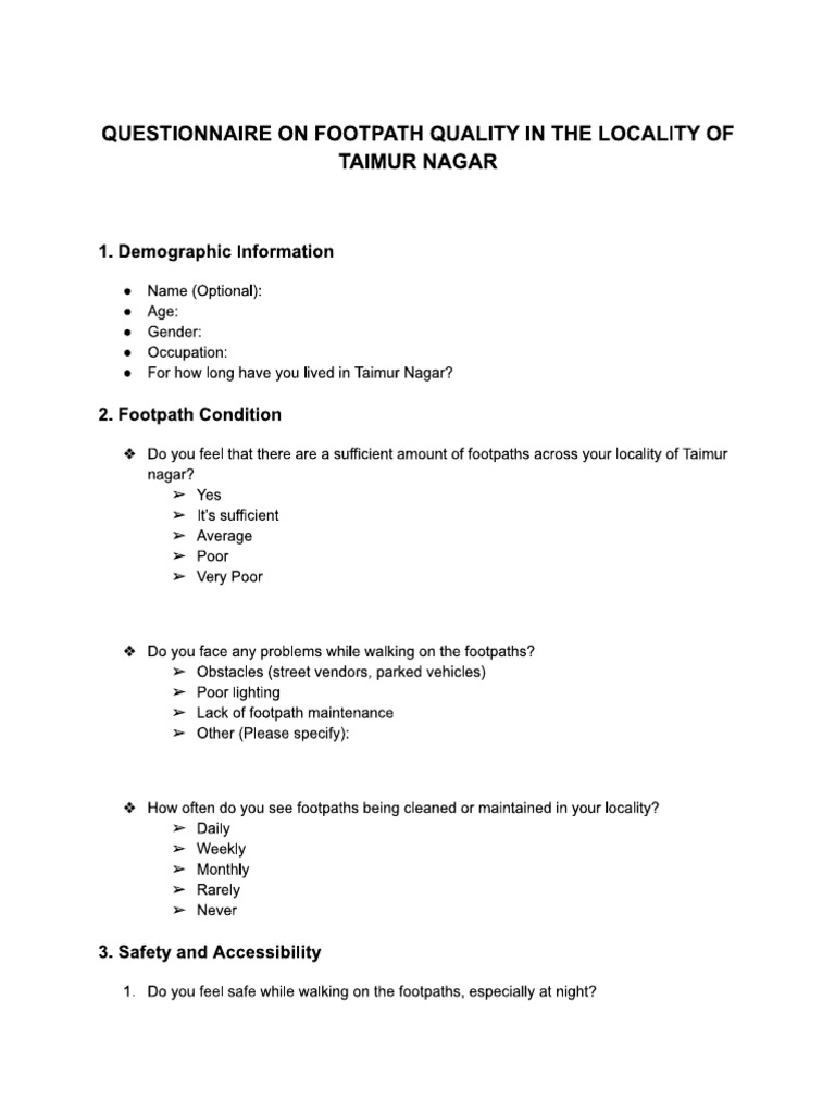 Questionnaire On Footpath Quality | PDF