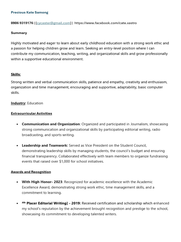 Early Childhood Education Aspirant Resume | PDF