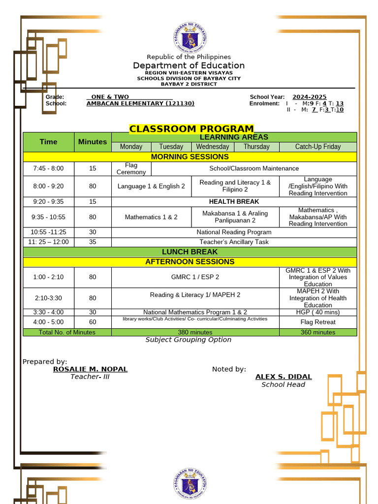 Baybay City Grade 1-2 Classroom Schedule | PDF | Teachers | Learning