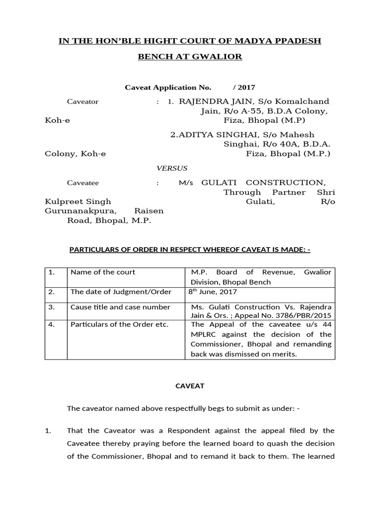 Caveat Application in Gwalior Court | PDF | Appeal | Political Law