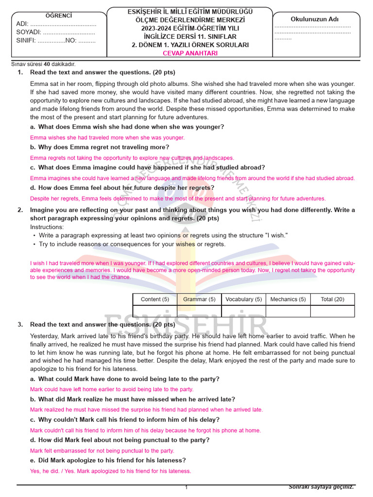 11th Grade English Exam Sample Questions | PDF