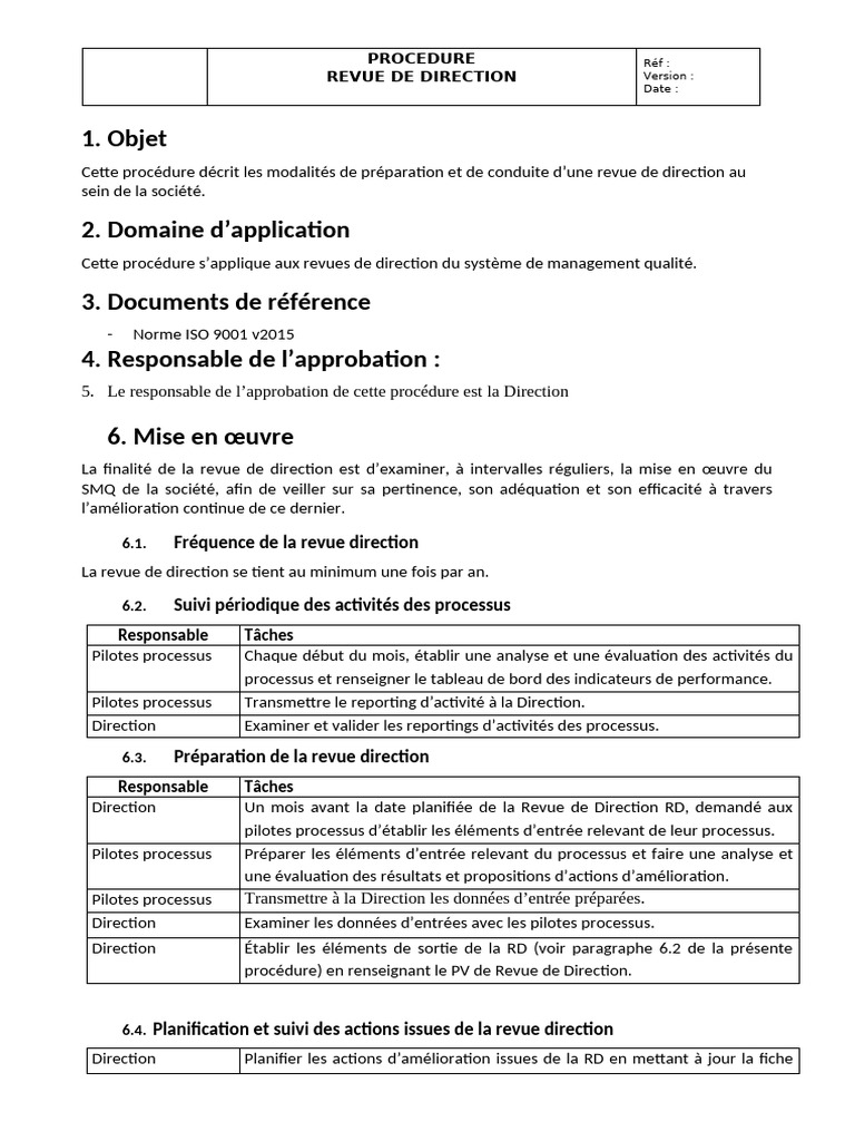 Procédure de Revue de Direction ISO 9001 | PDF | Système de management ...