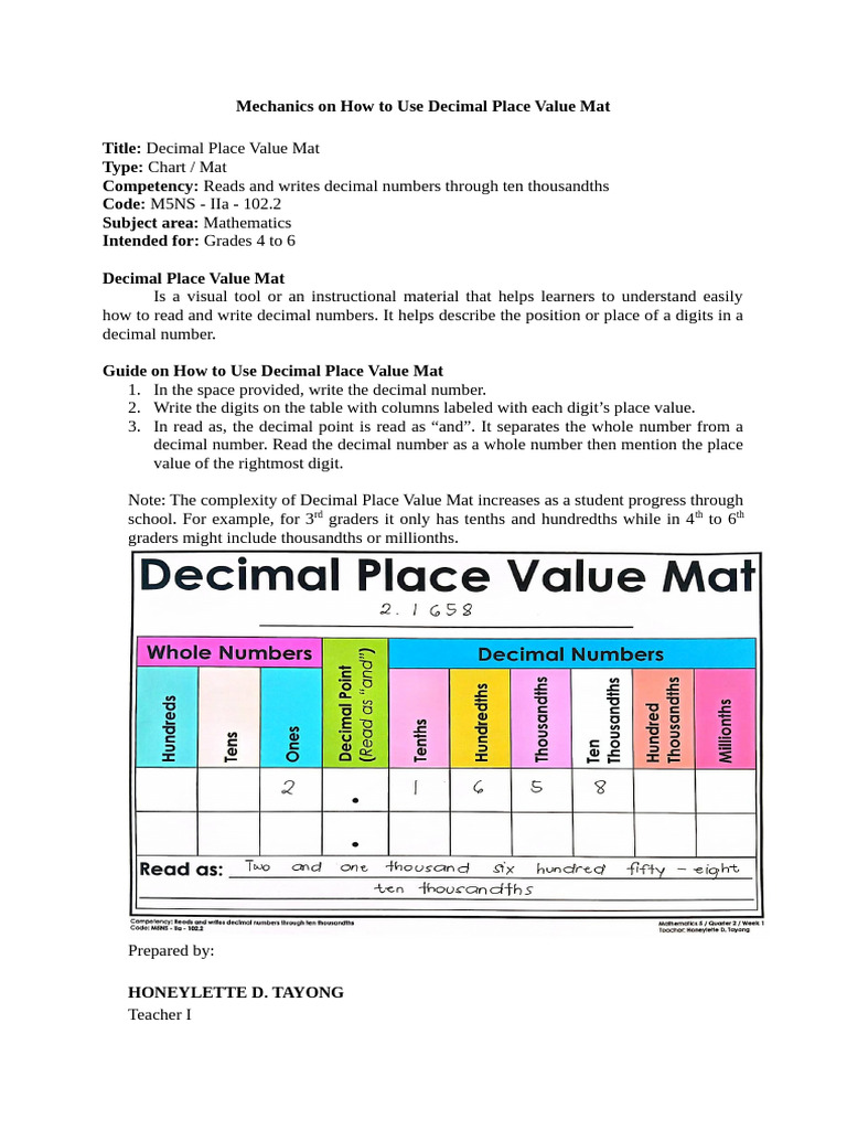 Mechanics on how to use decimal place value mat pdf