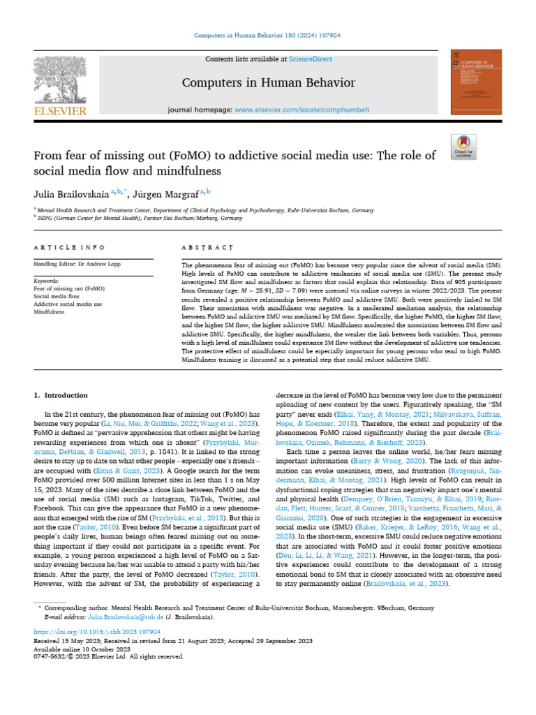 Picture of FoMO and Addictive Social Media Use | PDF | Statistics | Mindfulness