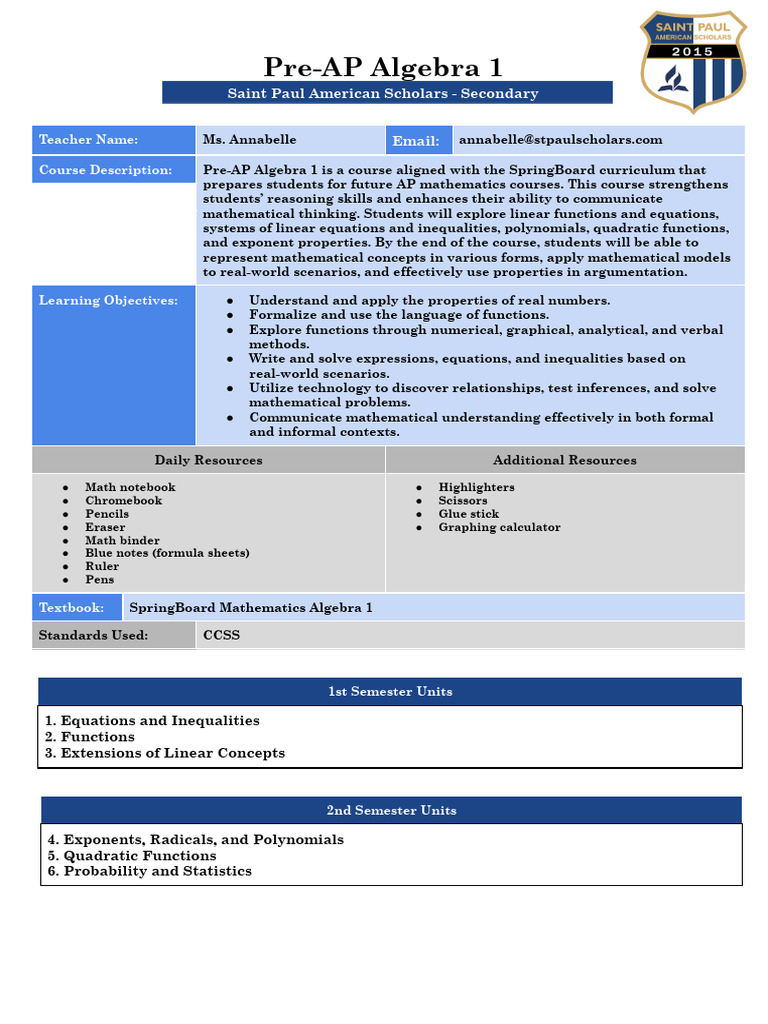 G7H G8R+Algebra+1+Syllabus+2024-2025 | PDF | Mathematics | Academic ...
