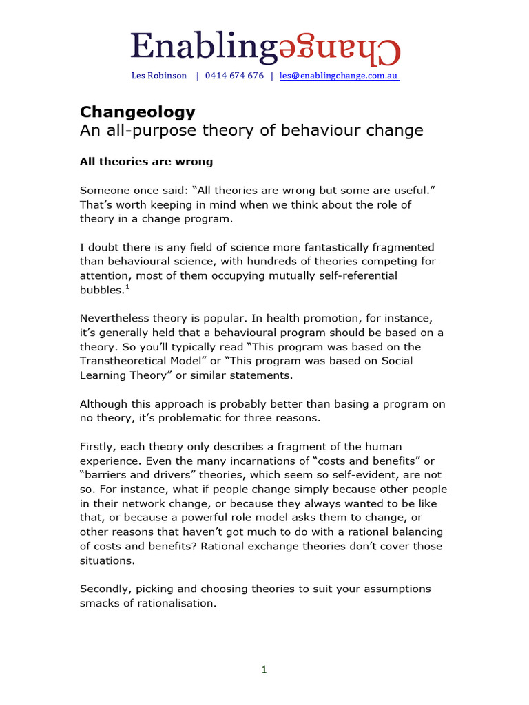 Changeology: A Theory of Behavior Change | PDF | Behavior | Theory