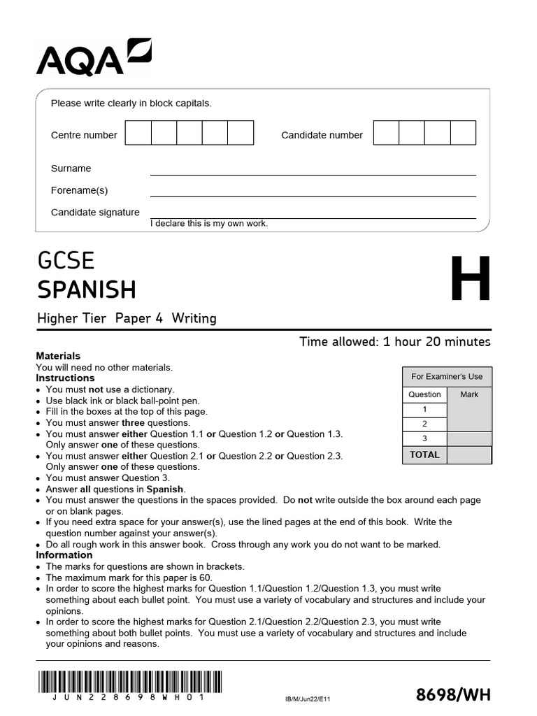 GCSE Spanish Writing Exam Paper | PDF