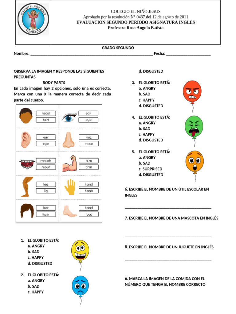 Evaluación de Inglés para Segundo Grado | PDF
