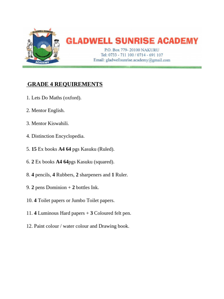 Grade 4 School Supply List | PDF