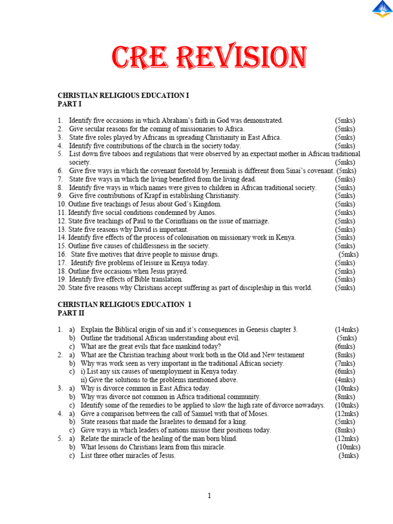 CRE Revision Guide for Students | PDF | Jesus | Resurrection Of Jesus