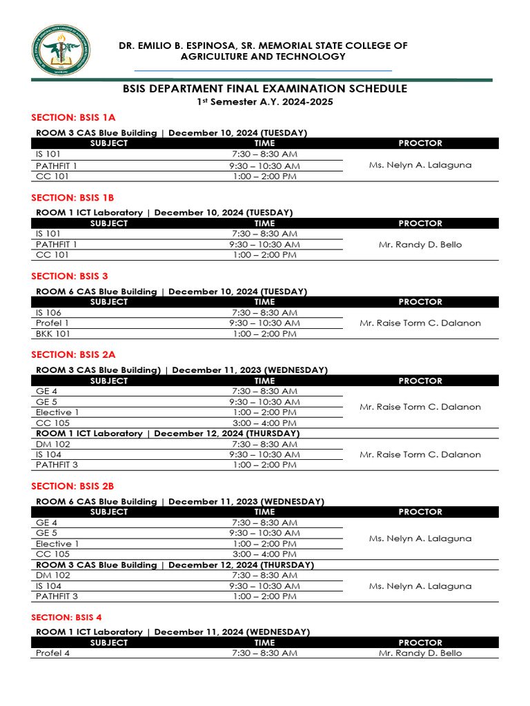 Bsis Final Examination Schedule | PDF