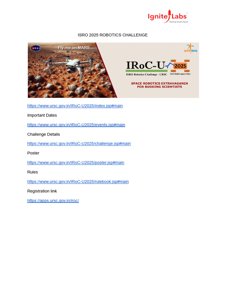 ISRO Robotics Challenge 2025 Overview | PDF