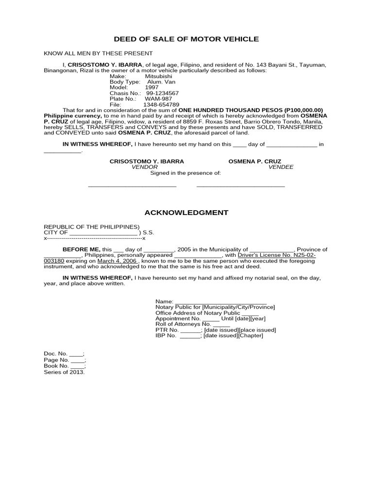 Deed of Sale of Motor Vehicle | PDF | Philippines | Civil Law (Common Law)