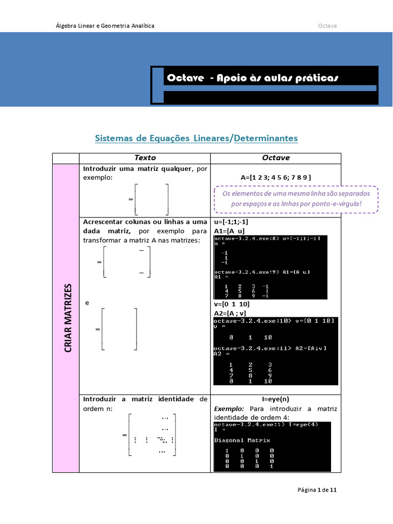 Criação e Manipulação de Matrizes em Octave | PDF | Matriz (Matemática ...