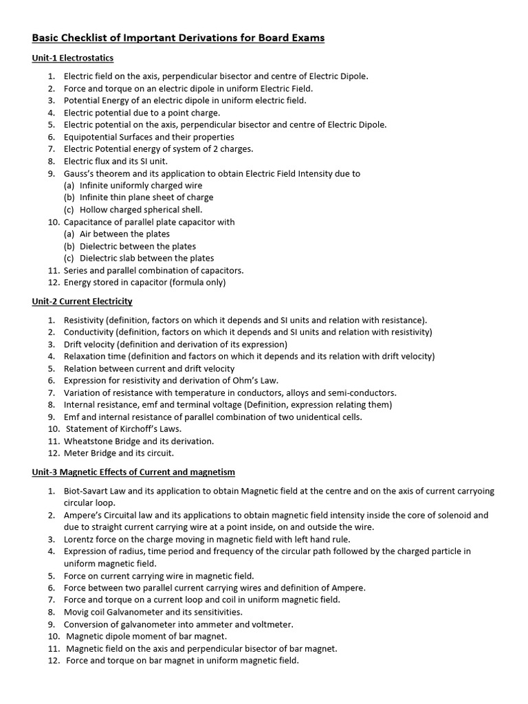 Essential Derivations for Physics Exams | PDF | Diffraction | Magnetic ...
