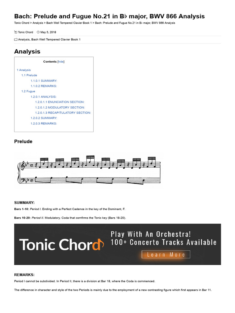 Bach's Prelude & Fugue No. 21 Analysis | PDF | The Well Tempered ...