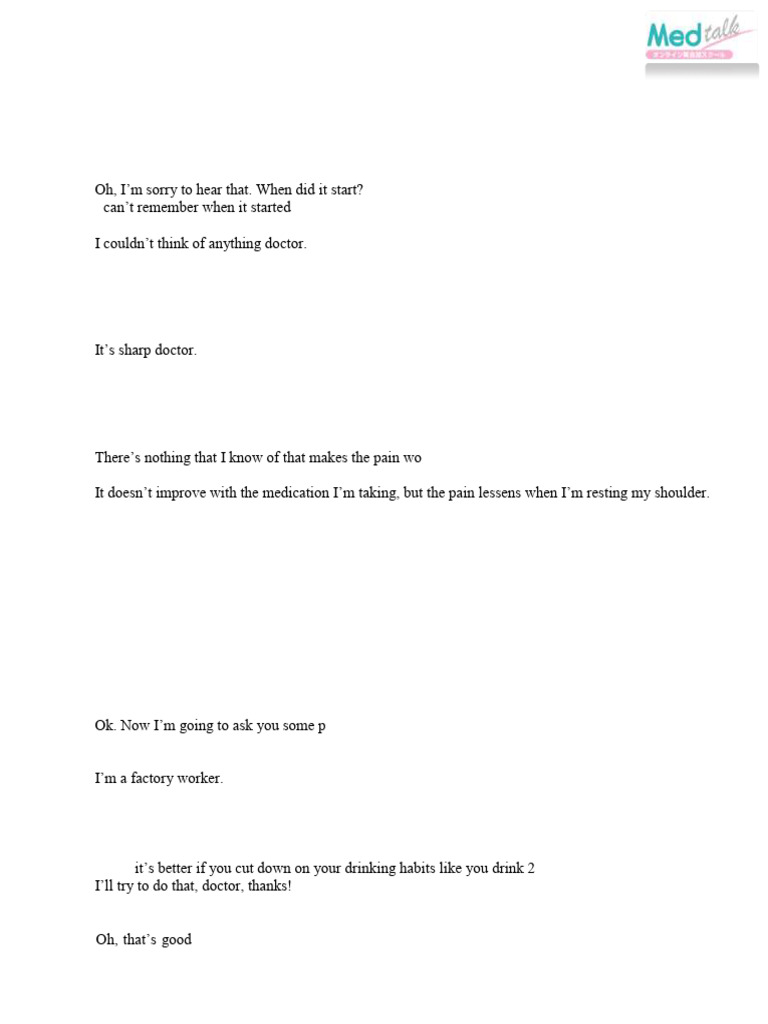 Doctor-Patient Dialogue on Shoulder Pain | PDF | Pain | Medical Diagnosis