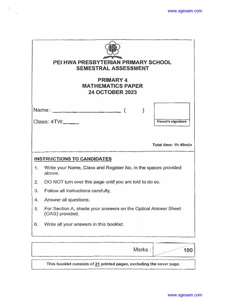 2023-P4-Maths-End of Year Exam-Pei Hwa | PDF