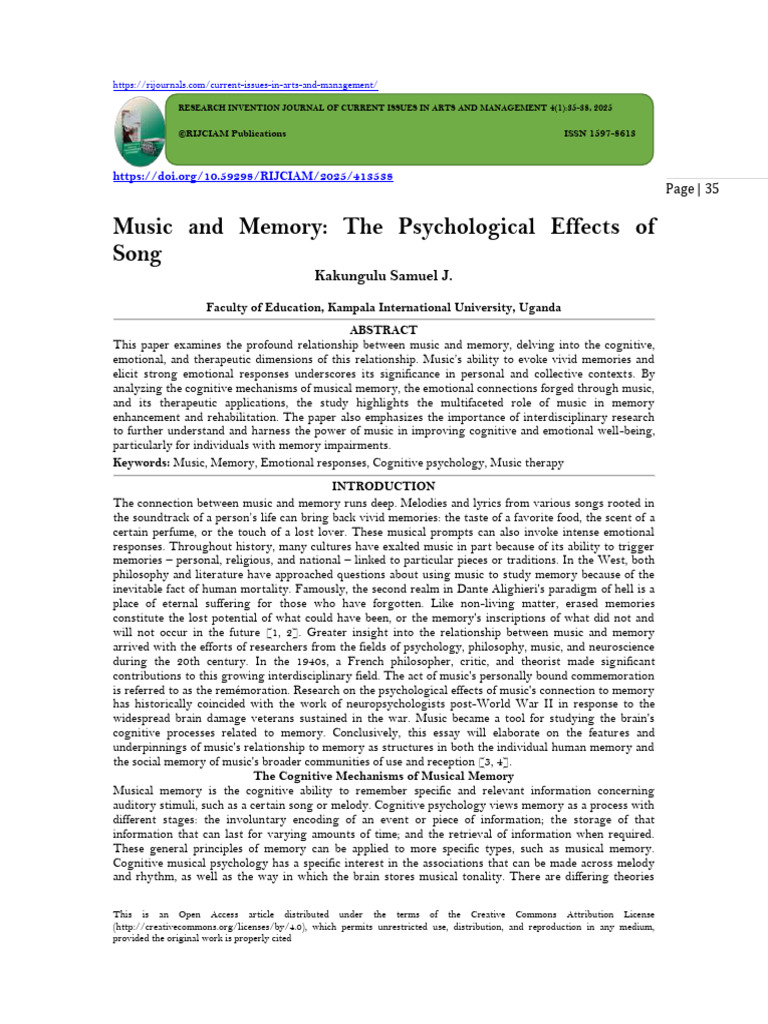 Music and Memory: The Psychological Effects of Song (WWW - Kiu.ac - Ug ...