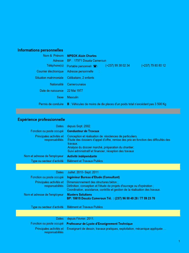 CV d'Alain Charles Mpeck | PDF | Enseignants | Cameroun