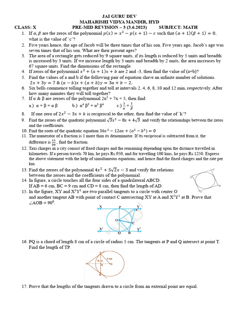 Class X Math Pre-Mid Revision 2023 | PDF | Circle | Quadratic Equation