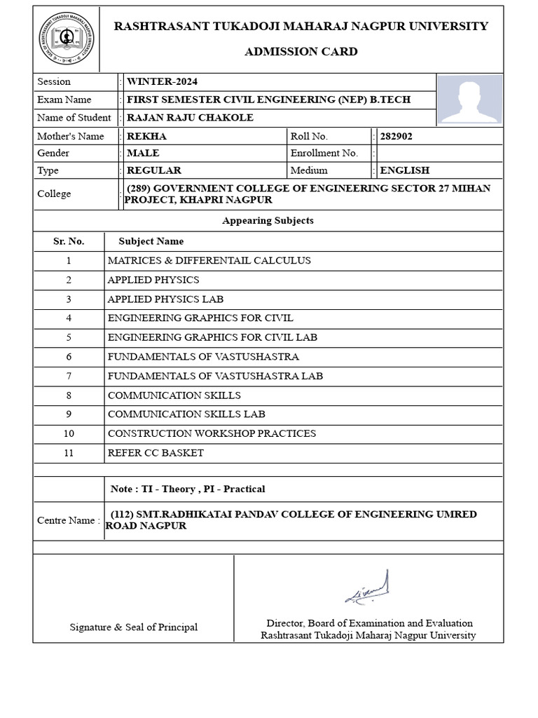 Civil Engineering Exam Card | PDF