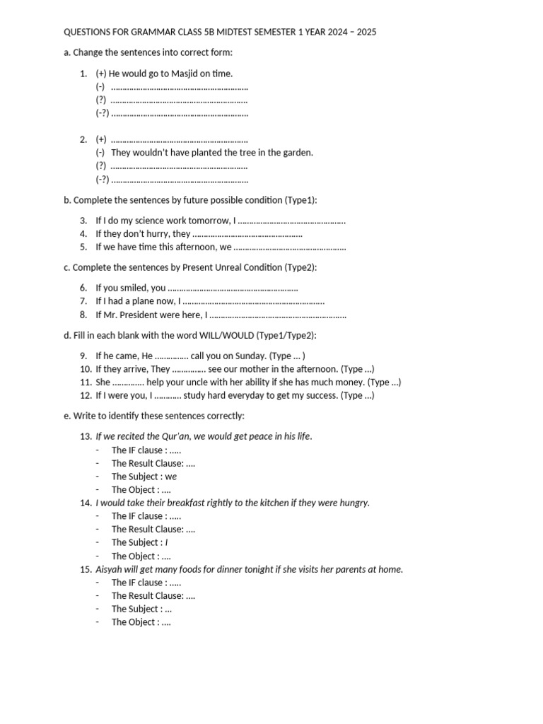 Grammar Class 5B Mid Test Semester 1 Year 2024-2025 | PDF