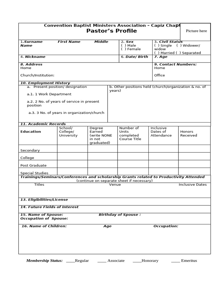 Pastor Profile Form for Baptist Ministers | PDF