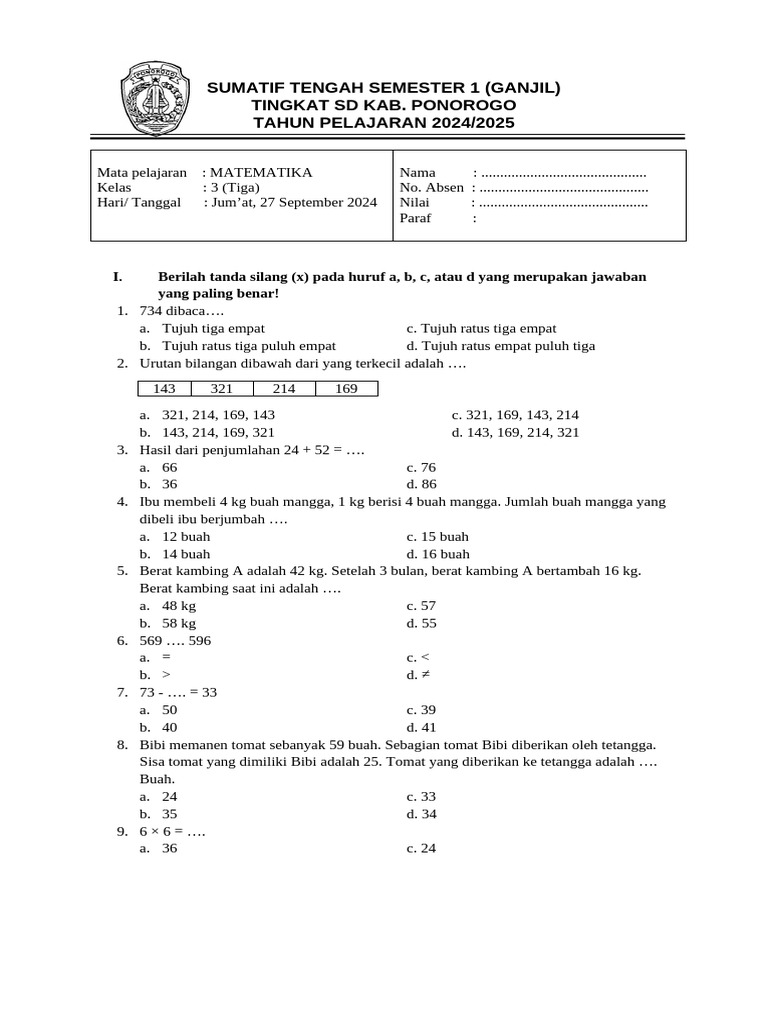 STS Matematika Kelas 3 Semester 1 | PDF