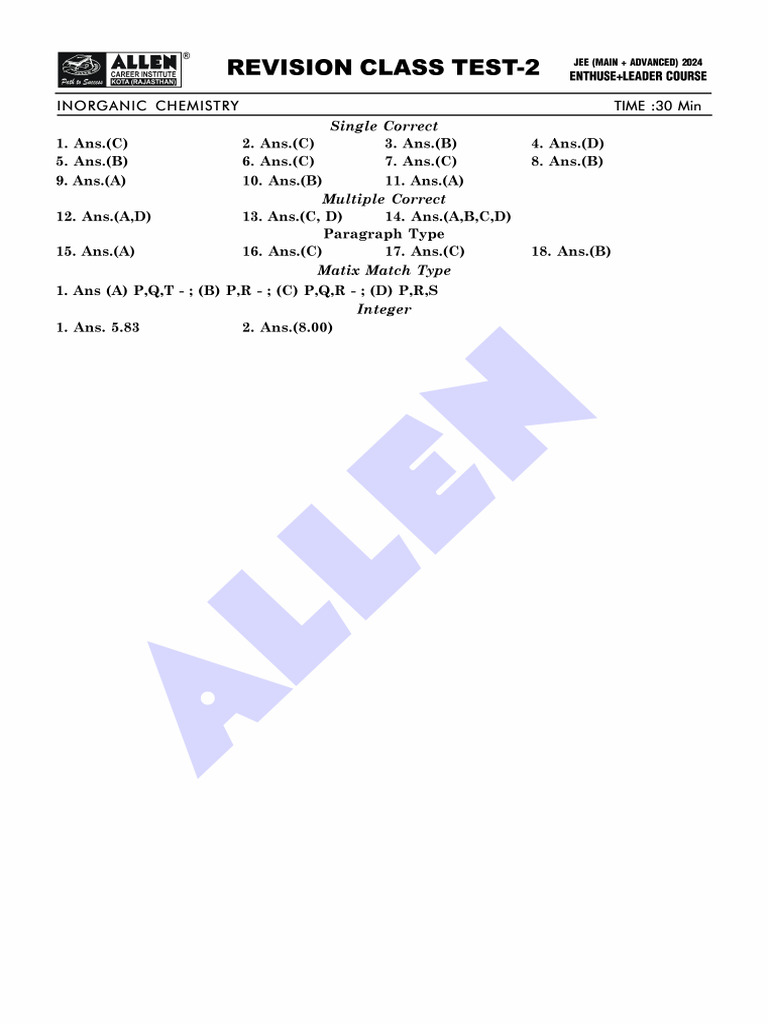 Revision Class Test #02 Answer Key | PDF