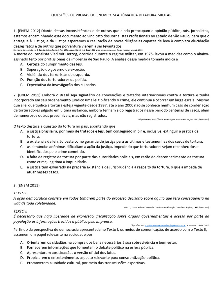 Questões do ENEM sobre Ditadura Militar | PDF | Democracia | Ideologias ...