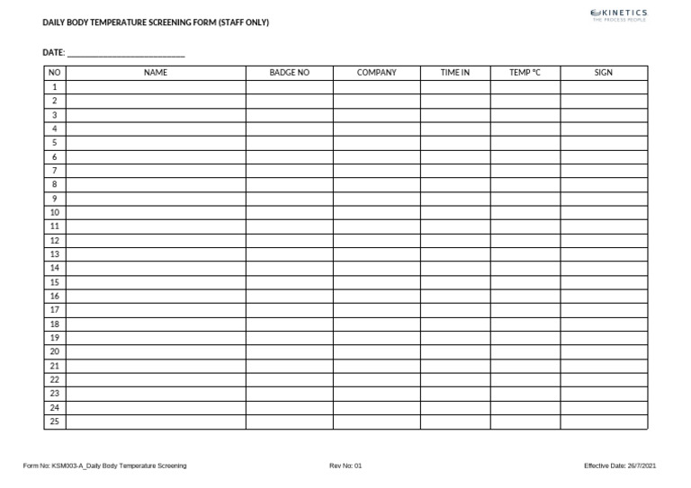 KSM003A - Daily Body Temperature Screening Form - STAFF | PDF