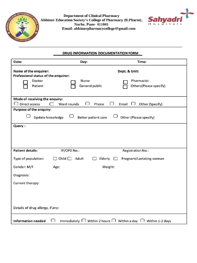 Drug Information Documentation Form | PDF