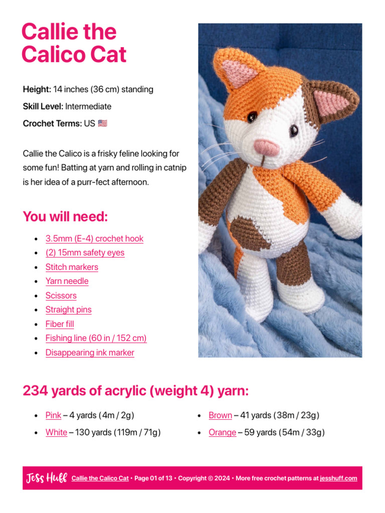Callie The Calico Cat Jess Huff | PDF | Crochet | Yarn