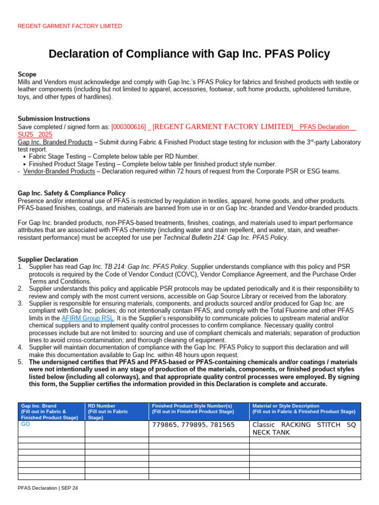 PFAS Compliance Declaration for Regent Factory | PDF | Textiles | Clothing
