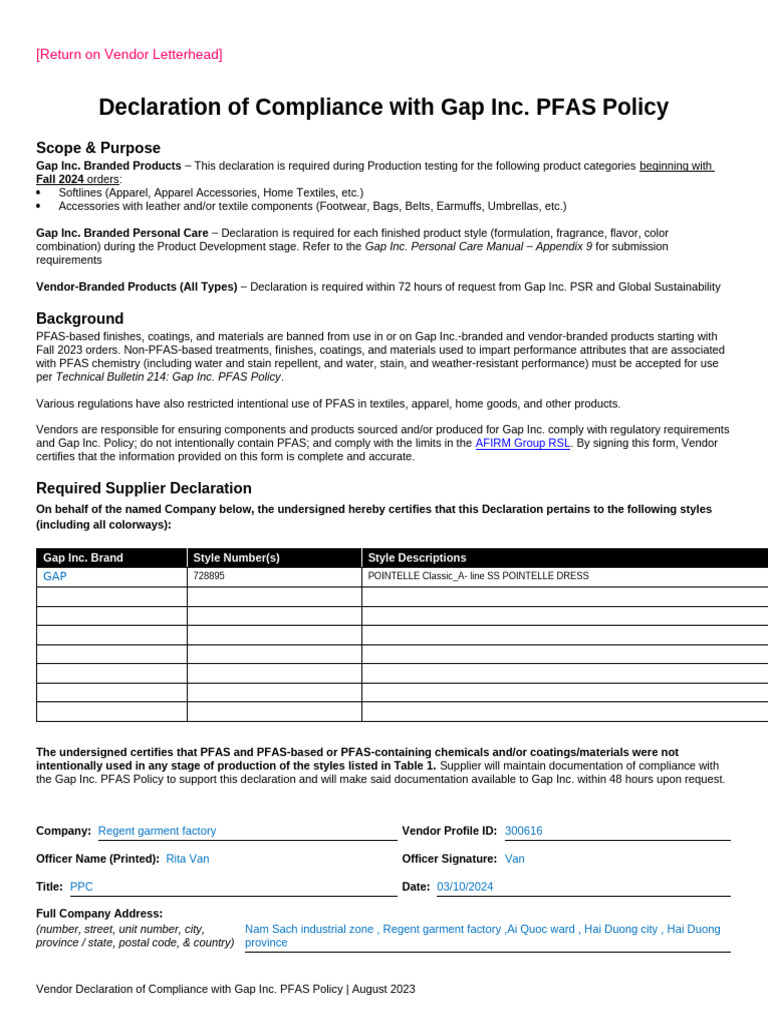 PFAS Declaration - Aug 2023-11062 | PDF | Clothing