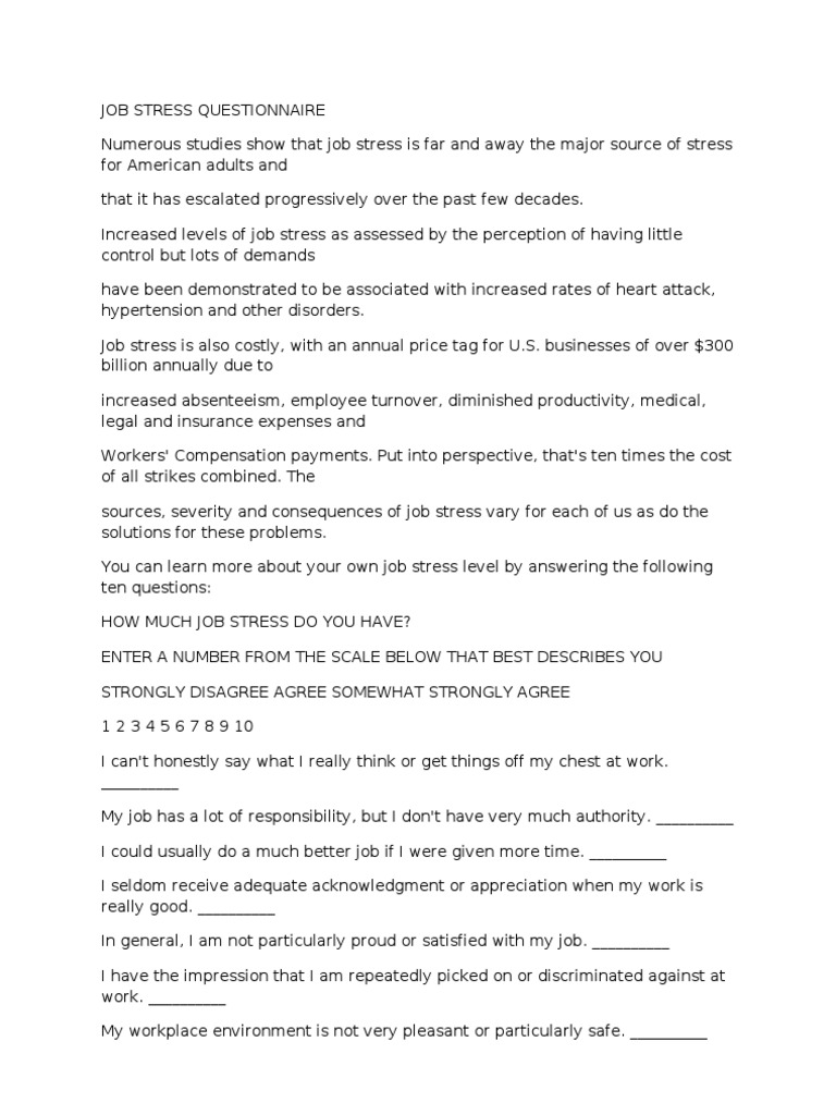 Job Stress Questionnaire Occupational Stress Stress Biology
